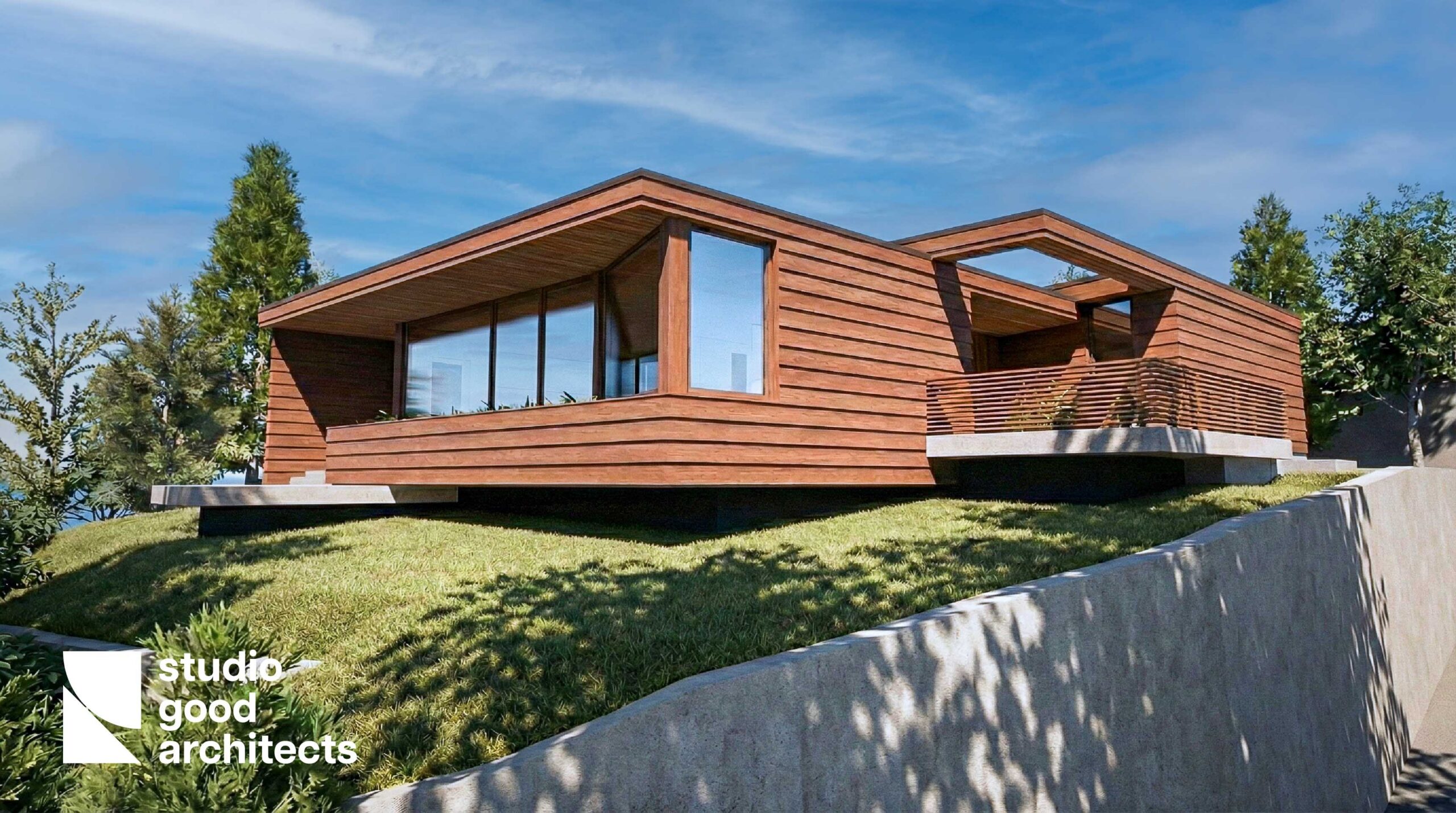 Modern wooden house design by Studio Good Architects, featuring large windows and a unique geometric structure, set on a green hillside with landscaped surroundings.