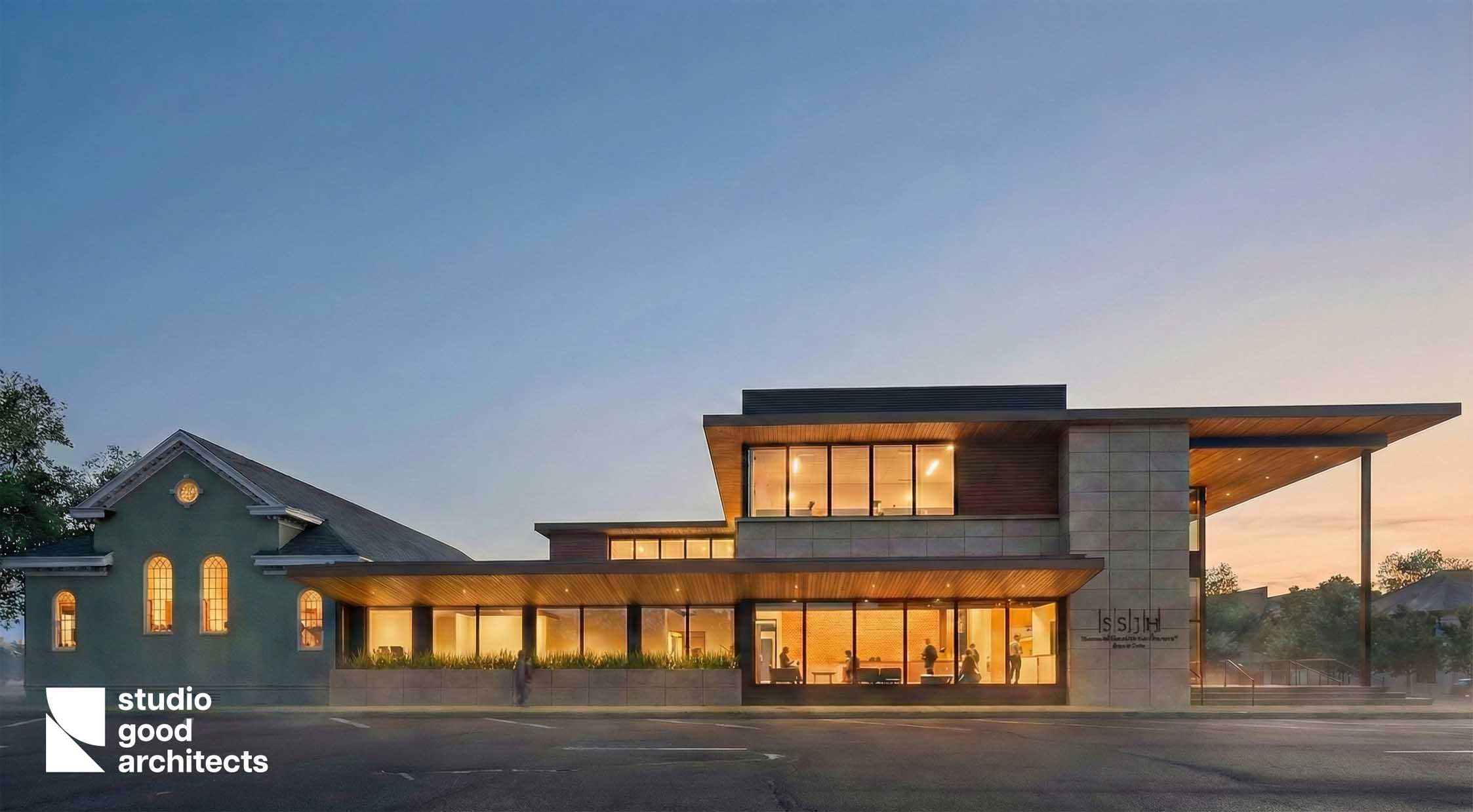 Modern architectural design of a multi-functional building featuring large glass windows, a wooden overhang, and a blend of traditional and contemporary elements, set against a twilight sky.